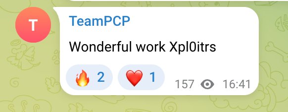 TeamPCP Telegram message reading 'Wonderful work Xpl0itrs'