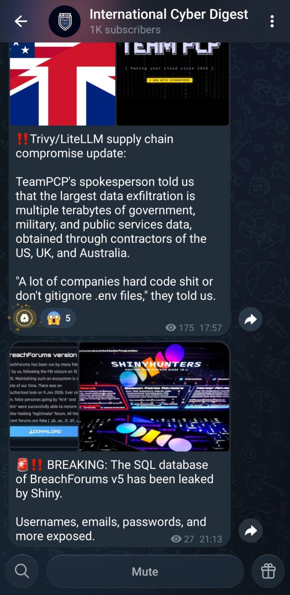 Telegram post from International Cyber Digest reporting TeamPCP spokesperson claims of multiple terabytes of government, military and public services data stolen via US, UK and Australian contractors