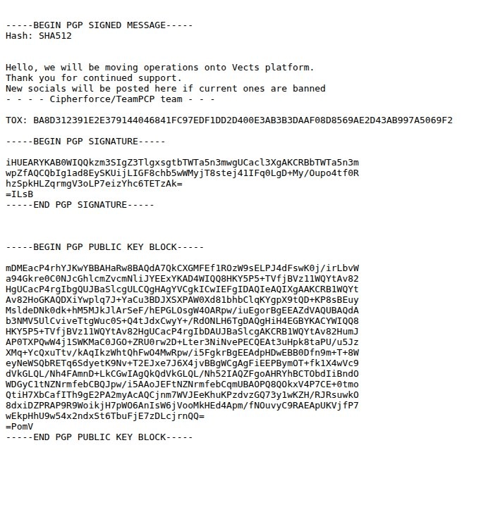 PGP signed message from CipherForce/TeamPCP announcing move to Vect platform, with TOX ID and full PGP public key block
