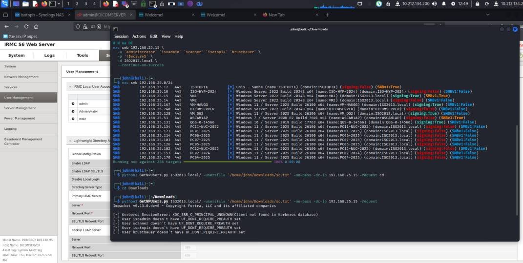 Isotopix intrusion — Kali terminal with SMB enumeration against ISOTOPIX.local, iRMC S6 admin panel visible