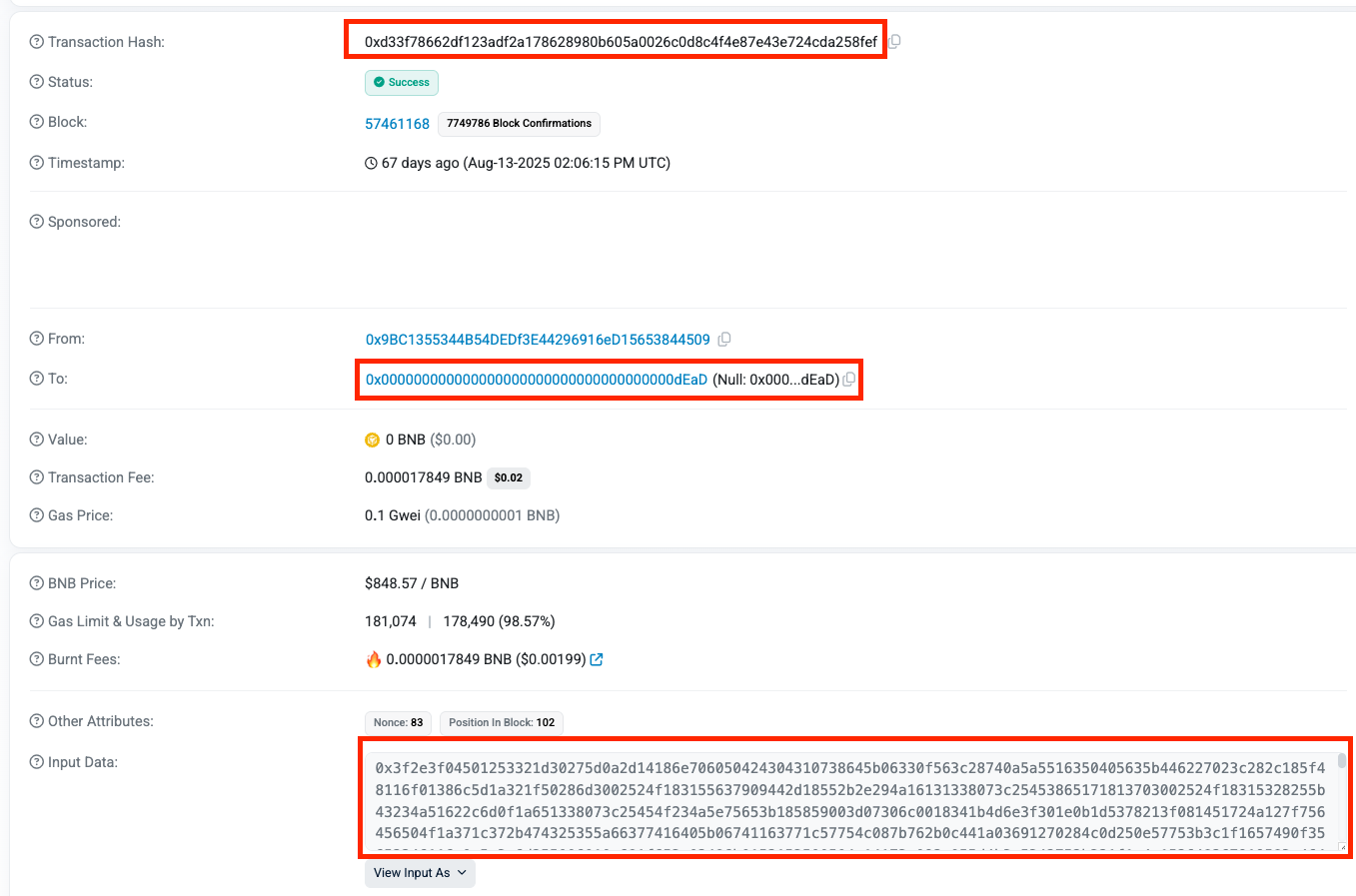 Second BSCScan transaction showing additional encrypted payload