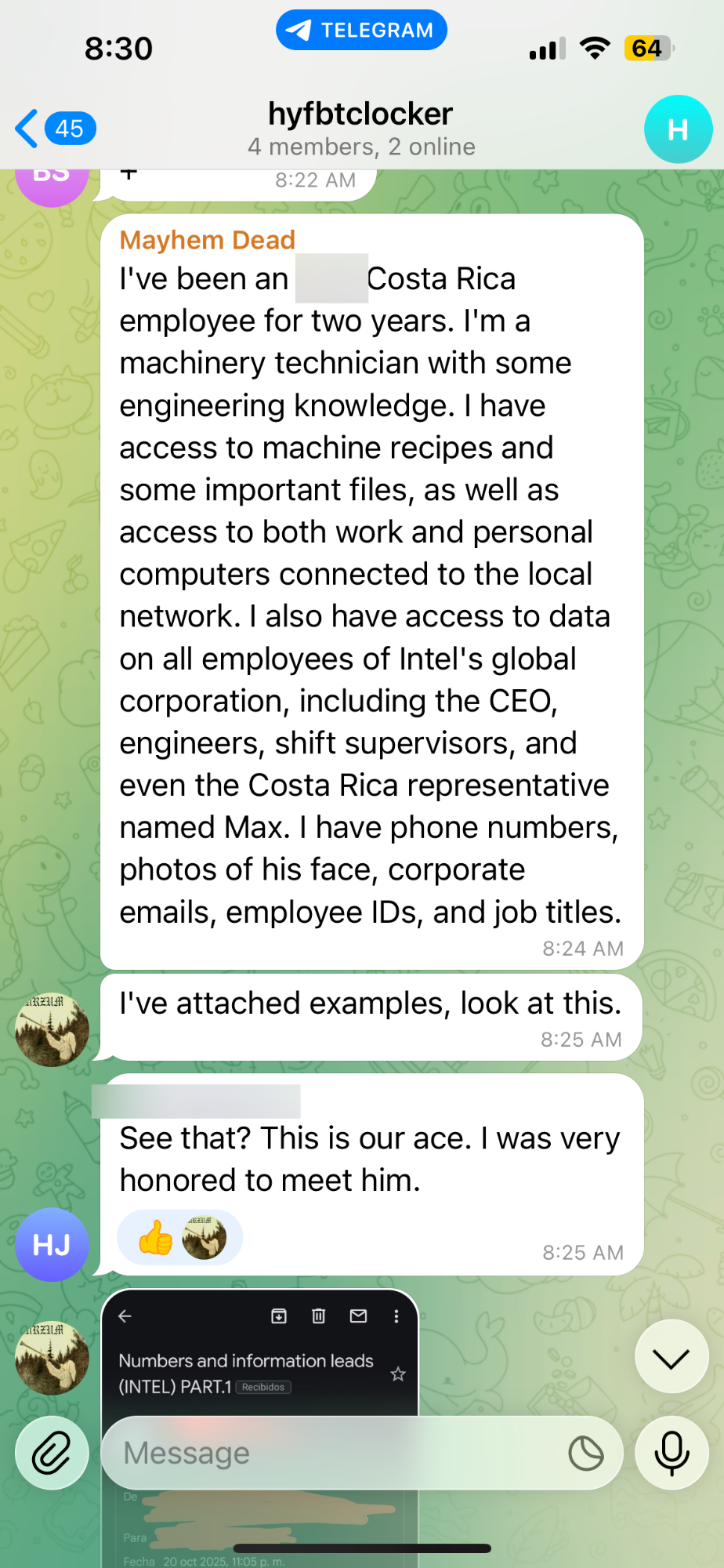 Insider threat Telegram channel discussion