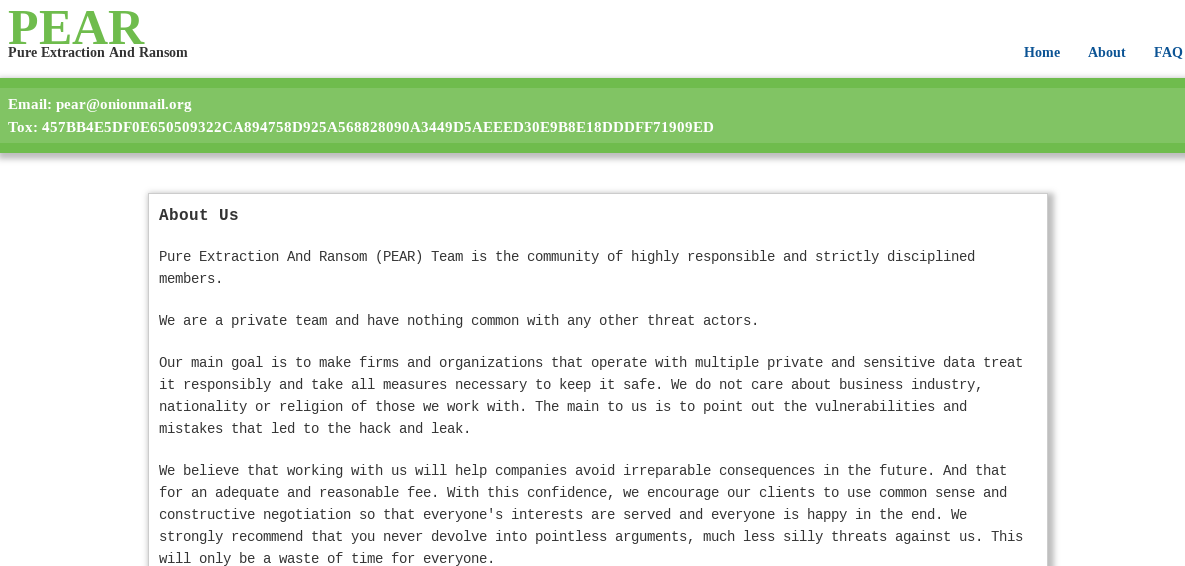 PEAR Ransomware group Extortion Team